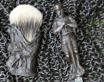 Solid bronze razor and brush set, handmade St George and the Dracon sculture, gift for the man who has everything
