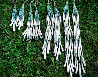 Turquoise and Silver with Dentallium Shell Fringe Earrings