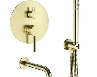 Satis Brushed Brass Wall Mounted Bath Tap & Shower Handset