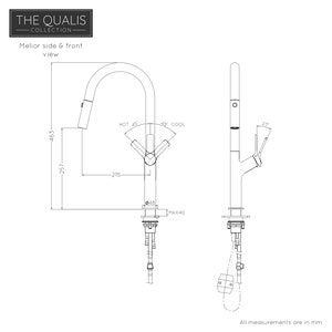 May include: Line drawing of a kitchen faucet with a pull-down sprayer. The faucet has a single lever handle and a spout that rotates 45 degrees. The faucet is 25.7 inches tall and 21.5 inches wide. The faucet is labeled "HOT" and "COOL".