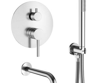 Satis Brushed Stainless Wall Mounted Bath Tap & Shower Handset