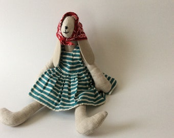 bunny doll, animal repurposed fabrics, linen, handmade, heirloom one of a kind, playmate special gift designer gift kids