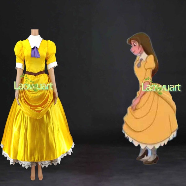 Traje de película de Tarzán y Jane, vestido de satén amarillo de princesa Tarzan Jane para mujeres y niñas, trajes de Cosplay hechos a medida