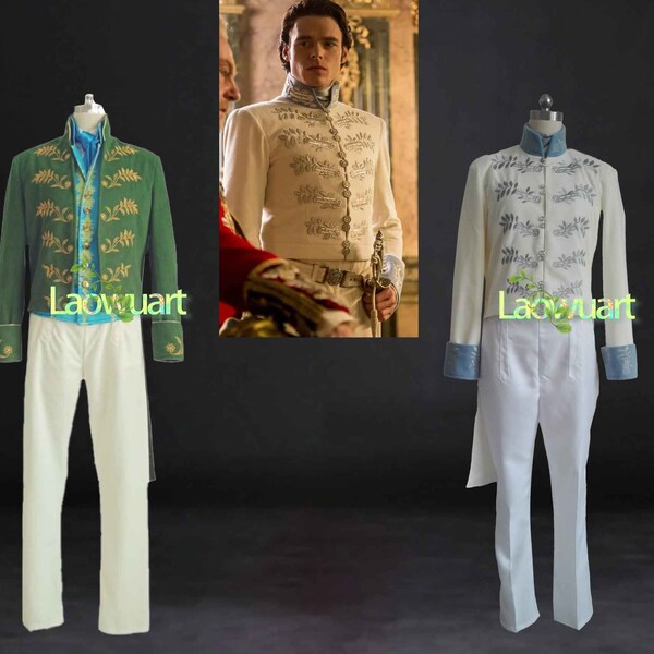 Cenerentola 2015 Movie Outfit Cenerentola Principe Azzurro Bianco Verde Vestito per Uomo Adulti Costume Cosplay Abiti su misura