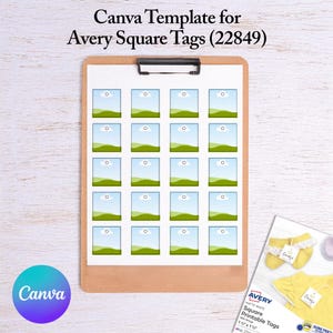 以下が含まれることがあります： Avery Square Printable Tags (22849) 用の Canva テンプレート。テンプレートには、緑の芝生と青い空のデザインが施された正方形のタグが 25 個含まれています。各タグには、吊り下げ用の穴があります。