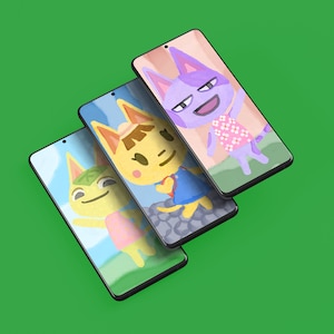 Può includere: Tre mockup di smartphone con diversi personaggi di Animal Crossing sullo schermo. I personaggi sono un gatto viola con una camicia rosa a fiori, un gatto giallo con una camicia blu e un gatto verde con una camicia rosa.