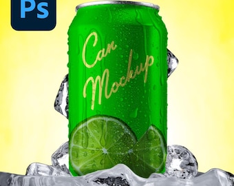 Editable 12oz Can Mockup: Realistic Ice-Cold PSD File (Photoshop)