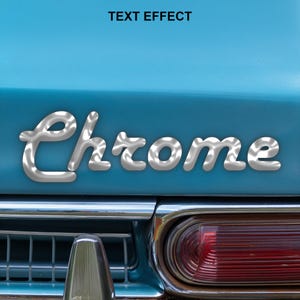 May include: A bright blue car panel featuring the word Chrome in a reflective, metallic, liquid-like script font. Below the text, a horizontal chrome trim piece sits above a red rectangular taillight and a vertical metallic bumper component.