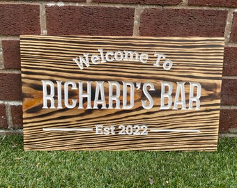 Large Personalised Bar Sign | Bar Sign, Home Sign, Personalised Decor, Custom Wood Sign, Engraved and Charred, Unique Gift