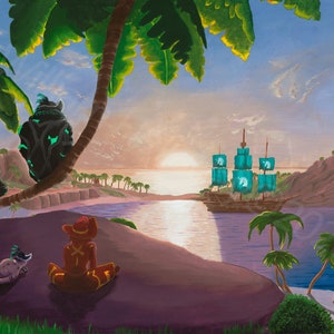 Sea Of Thieves Original Acrylic Art Canvas Poster Print / &quot;Sunrise At Smuggler&#39;s Bay With The Boys&quot; / Gift for Sea Of Thieves Fan (Poster)