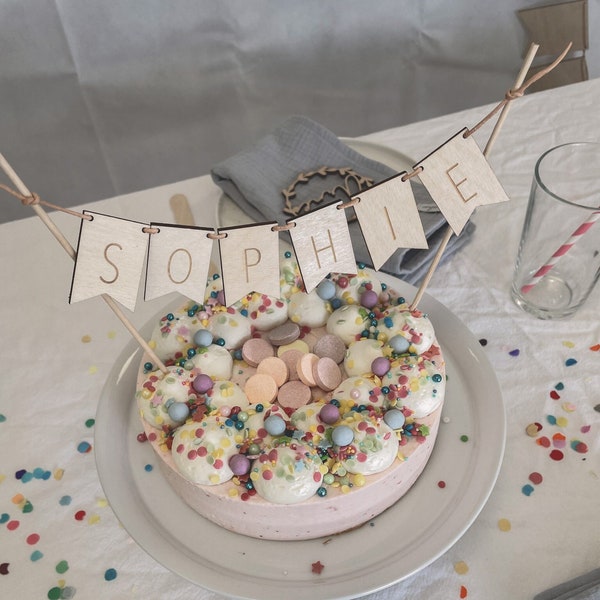 Caketopper Holzgirlande Personalisiert mit Name | Geburtstag Taufe Jahrestag Kommunion I Cake Topper Wimpelkette | Kuchenstecker Geschenk