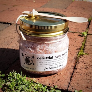 Salt Scrub for Hands & Body, with Pure Sea Salt and Pink Himalayan Salt, Organic Coconut Oil and essential oils. 4-oz, 8-oz, and 10-oz jars