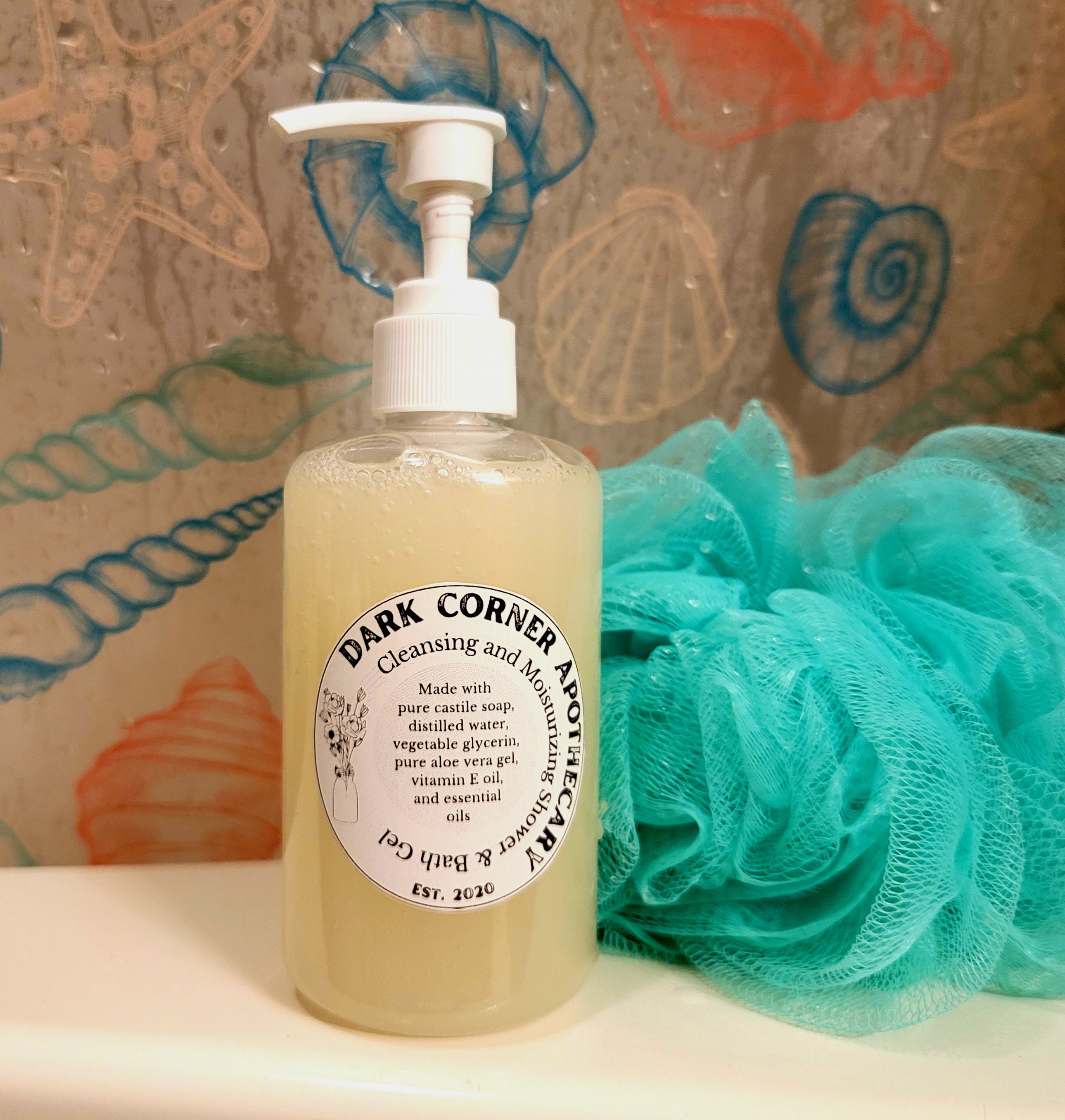 8 oz Liquid Bath & Shower Gel Soap, scented or unscented w/essential oils. Includes castile soap w/ castor, argan, jojoba, olive oils + aloe