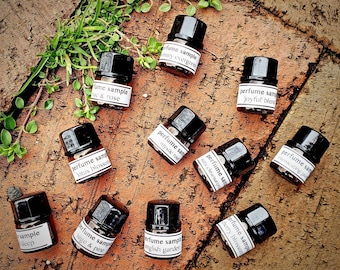 Perfume Sample Set - sampler sets of 3, 6, or 12 scents. 35+ available fragrances & blends, w/ coconut oil, essential oils. Buy more, save