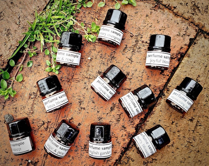 Perfume Sample Set - sampler sets of 3, 6, or 12 scents. 35+ available fragrances & blends, w/ coconut oil, essential oils. Buy more, save