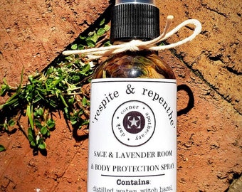 Sage and Lavender Room & Body Protection + Cleansing Spray - 2 or 4 oz Spray w 80 proof unscented alcohol, distilled water, essential oils
