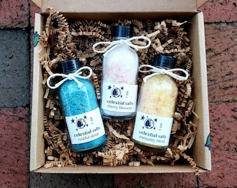 3-piece Bath Salts Gift Set - aromatherapy bath soak with Epsom, pink himalayan, & sea salts in 2 oz bottles with your choice of scents