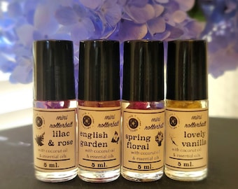 Mini all-natural essential oil perfume rollerball fragrance - 5 ml blends, with coconut, jojoba or sweet almond oil. Half-size pocket travel