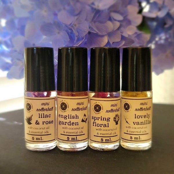 Mini all-natural essential oil perfume rollerball fragrance - 5 ml blends, with coconut, jojoba or sweet almond oil. Half-size pocket travel