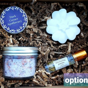 Self-care Spa Gift Set, 4 or 5 items. Beauty box w/your choice of scent: soap, body butter, bath salts, lip balm, lotion bars, &/or perfume