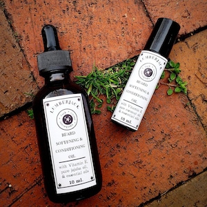 Moisturizing beard oil dropper bottle or roller ball, with coconut oil and vitamin E - scented or unscented. Organic and safe facial oil