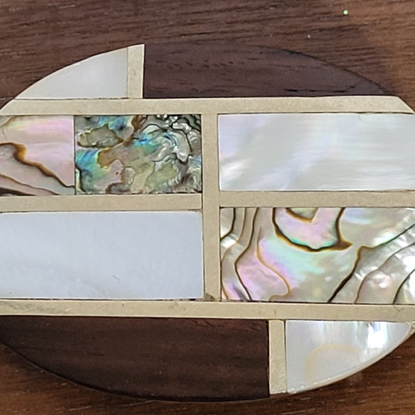 Vintage Abalone Mother of Pearl Wood Belt Buckle / Mexico Alpaca Silver Inlaid with Shell and Wood / Oval Belt Buckle