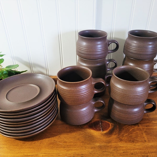 Vintage Denby-Langley Mayflower Flat Cup & Saucer Set of 2 / Multiple Sets Sold Separately / Brown Denby Mayflower Pattern