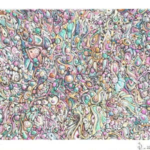 Originalzeichnung: "Hyperbolic Carnival", 16cm x 11,9cm, Aquarellstiftzeichnung, 2021