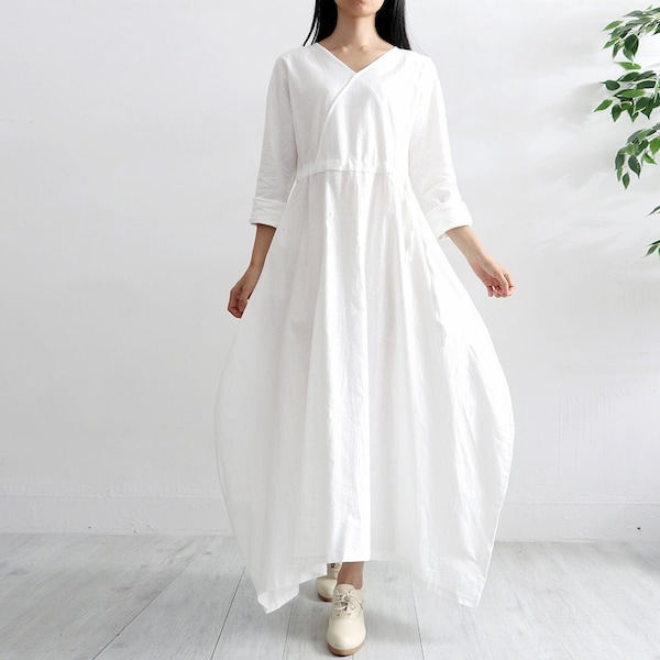 Women Cotton Dress Soft Casual Loose Robes Long Sleeves Shift Dress Boho Maxi Dresses Customized Dress Plus Size Clothing Linen Dress