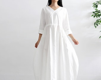 Women Cotton Dress Soft Casual Loose Robes Long Sleeves Shift Dress Boho Maxi Dresses Customized Dress Plus Size Clothing Linen Dress