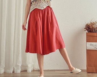 Summer Elastic Waist Cotton Pants Soft Casual Loose Cropped Pant Midi Trousers Wide Leg Skirt Pant Customized Plus Size Pants Linen