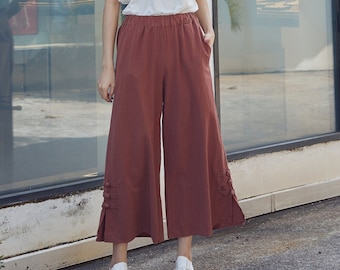 Summer Pant Elastic Waist Cropped Pant Cotton Pants Soft Casual Loose Trousers Wide Leg Pant Customized Plus Size Pants Linen Spring Pant