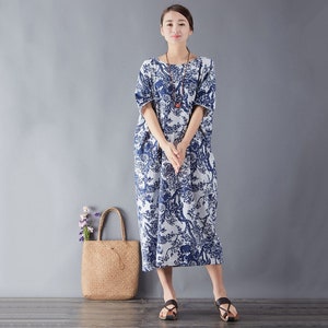 Summer Dress Printed Cotton Dress Floral Casual Loose Robes Half Sleeves Shift Dress Boho Midi Dresses Customized Dress Plus Linen Dress image 2