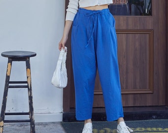 Summer Women Elastic Waist Cotton Pants Soft Casual Loose Boho Trousers Wide Leg Pant Customized Plus Size Pants Linen Spring Pant