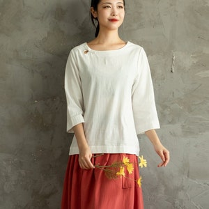 Summer Cotton Tops Women&#39;s Shirt Buttons 3/4 Sleeves Blouse Casual Loose Kimono Customized Shirt Top Plus Size Clothes Linen