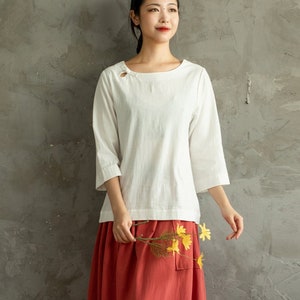 Summer Cotton Tops Women's Shirt Buttons 3/4 Sleeves Blouse Casual Loose Kimono Customized Shirt Top Plus Size Clothes Linen