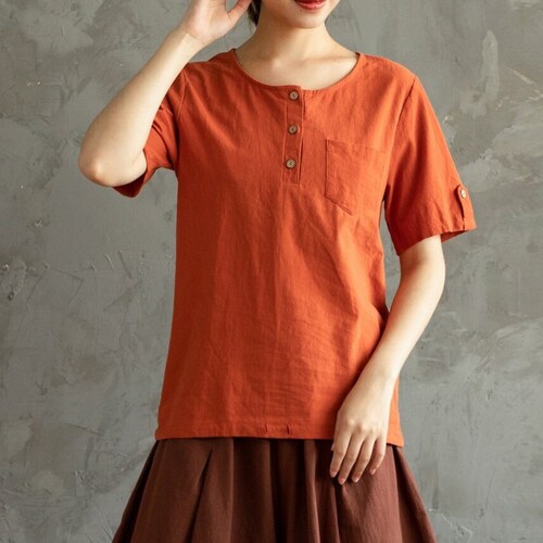 Women's Summer Cotton Tops Short Sleeves Blouse Casual Etsy