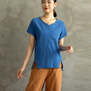 Tops de algodón de verano, Blusa de manga corta, Kimono suelto informal, camisa personalizada, Top hecho a mano, ropa de talla grande, blusa de lino para mujer