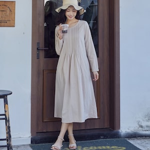 Nieuw ontwerp katoenen overhemd casual losse jurk tunieken lange mouwen gewaden midi jurken op maat gemaakte jurk plus size kleding linnen