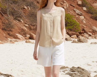 Women's 100% Linen Set Organic Linen Set Customizable Plus-Size Comfortable Loungewear & Travel Set Relaxed Beachwear Sleeveless Linen Set