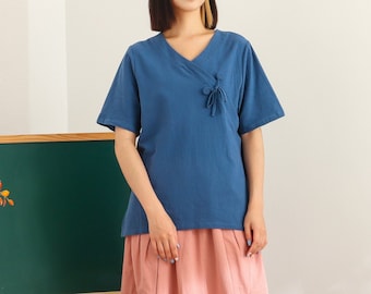 Summer Cotton Tops V-neck Short Sleeves Blouse Casual Loose Kimono Customized Shirt Top Hand Made Plus Size Clothes Linen Blouse