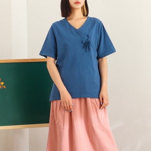 Summer Cotton Tops V-neck Short Sleeves Blouse Casual Loose Kimono Customized Shirt Top Hand Made Plus Size Clothes Linen Blouse
