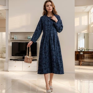 Winter/Fall Heavier Cotton Jacquard Dress Warm Midi Dres Thicker Dress Long Sleeves Casual Loose Robes Outwear XS-6XL (Custom Plus Size)