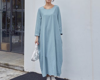 Women Cotton Dress Soft Casual Loose Robes Long Sleeves Shift Dress Boho Maxi Dresses Customized Dress Plus Size Clothing Linen Dress