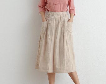 Summer Cotton Skirt Casual Loose Skirts A-line Pleated Elastic Waist Skirt Flared Midi Skirts Customized Plus Size Skirt Boho Linen