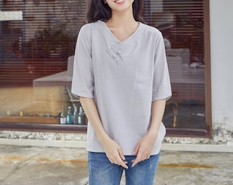 Women's Summer Cotton Tops Half Sleeves Blouse Casual Loose Kimono Customized Shirt Top Hand Made Plus Size Clothes Linen