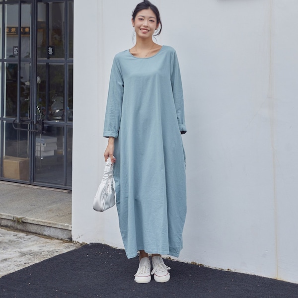 Abito da donna in cotone Abiti morbidi casual larghi Abito a trapezio a maniche lunghe Abiti lunghi Boho Abito personalizzato Abito taglie forti Abito in lino