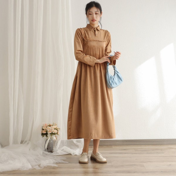 Women Soft Corduroy Dress Shirt Velvet Dress Long Sleeve Robe Party Dress Midi Dress Custom Dress Plus Size Dress Spring Winter Fall Dress