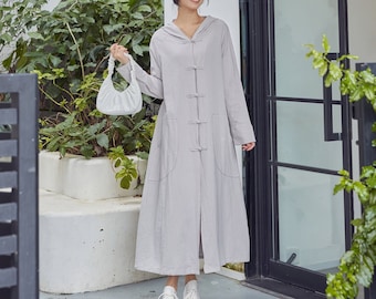 Hooded Cotton Dress Coat Casual Loose Robes Long Sleeves Cardigan Shift Dresses Maxi Coat Customized Plus Size Clothing Linen coat