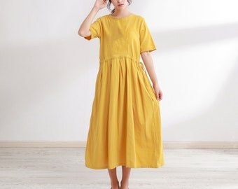 Women Cotton Dress Soft Casual Loose Robes Half Sleeves Shift Dress Boho Maxi Dresses Customized Dress Plus Size Clothing Linen